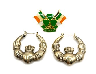 Vintage Irish Lot With Claddagh Bubble Earrings And Irish Pin