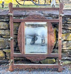 A 19th Century Hall Unit - Carved Wood, Brass Hooks, And Beveled Mirror