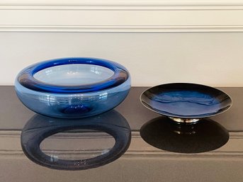 Sapphire Blue Bowl And A Towle Silversmiths Blue Enamel Footed Dish