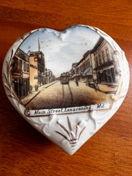 German Bisque Porcelain Heart Shaped Box Painted With Lonaconing, MD Scene
