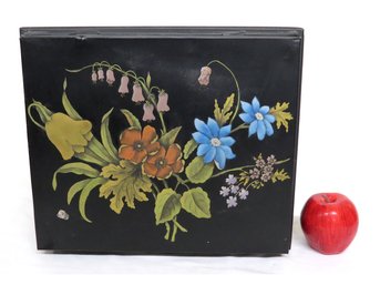 A Lovely Tole Decorated Lift Top Document / Storage Box In Tin