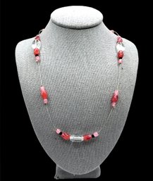 Vintage Sterling Silver Pink And Clear Beaded Necklace