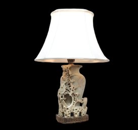 Soapstone Floral And Fauna Lamp With Pieced Metal Frame