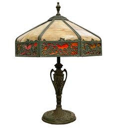 An Antique Slag Glass Bronze Framed Lamp, In Tiffany Style