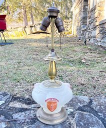 A Vintage Painted Glass Native American Themed Table Lamp With Brass Fittings