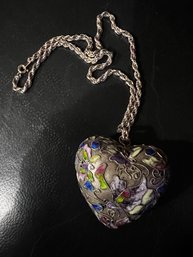 Large Vintage Cloisonne Enamel Heart Pendant/ornament On Silver Chain