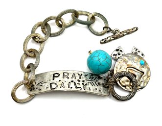 Southwestern Style Pray Daily Etched Bracelet With Turquoise Color Charms