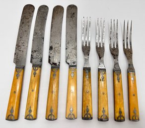 Set 8 Vintage Bridgeport Knife Co Bakelite & Stainless Steel Knives & Forks Cutlery