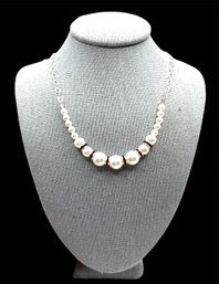 Beautiful Sterling Silver Pearl Color Beads With Red Sparkle Accents Graduated Necklace