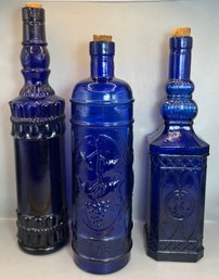 3 Decorative Cobalt Blue Bottles