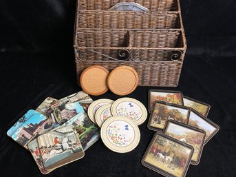 Basket And Assorted Vintage Coaster Collection