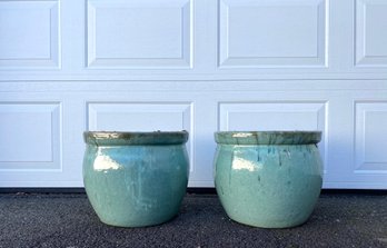 Pair - Robins Egg Blue Glazed Ceramic Outdoor Planters