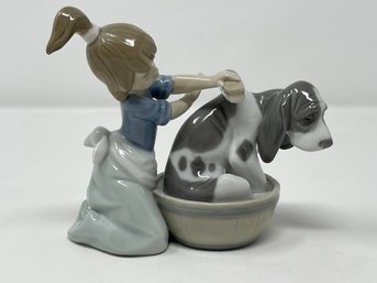 Lladro 'Bashful Bather' Girl Washing Basset Hound Dog In A Tub Porcelain Figurine