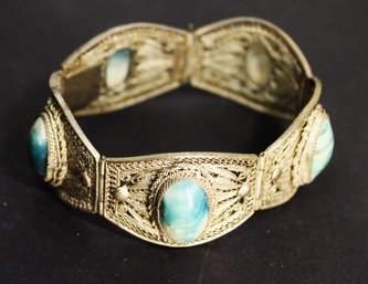 Antique Chinese Silver Filigree Bracelet Having Green And White Stones (top Of Clasp Missing)