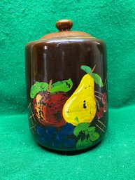 Vintage Brown Stoneware Cookie Jar With Painted Fruit.