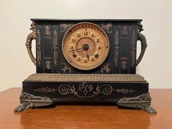 Antique Ansonia Sicily Cast Iron Mantle Clock With Dragon Handles