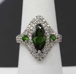 Green Chrome Diopside & White Topaz Sterling Silver Ring