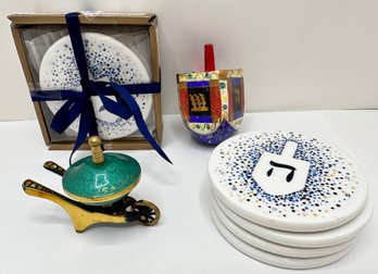 Judaica: 8 Chanukah Coasters, 4 New In Box, Miniature Enameled Wheelbarrow From Israel & Dreidel