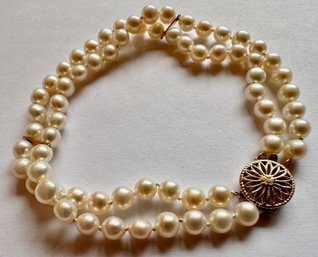 Vintage Faux Pearl Double Bracelet With Elaborate 14K Gold Filled Clasp