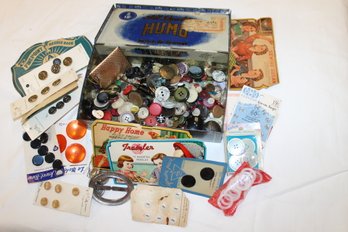 Old Advertising Cigar Tin Filled With Vintage Buttons And Sewing Items - As Found In Attic