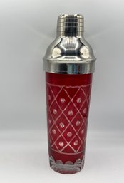 Vintage Ruby Red Cut To Clear Glass & Chrome Martini Cocktail Shaker