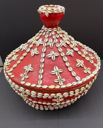 Traditional African Wedding Basket Decorated In Cowrie Shells, Wicker Interior