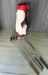 Vintage Ben Hogan Leather Golf Bag And  6 Assorted Clubs