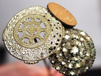 Lot Three Victorian Hat Pins Rhinestones, Silver Plated And Gold Filled