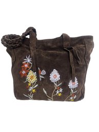 Great Vintage Brown Purse With Embroidered Flowers