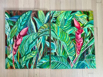 Diptych Of Pink Tropical Flowering Plants, Signed