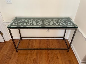 VINTAGE WROUGHT IRON CONSOLE TABLE WITH GLASS TOP