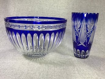 Two Fabulous Bohemian Cobalt Blue Cut To Clear Pieces - Vase & Large Bowl - Consignor Said Very Expensive