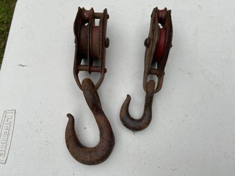 Two Heavy Metal Pully's With Hooks To Hang