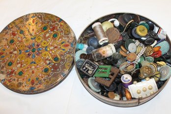 Round Tin Filled With 1930s And 40s Buttons And Sewing - As Found In Attic