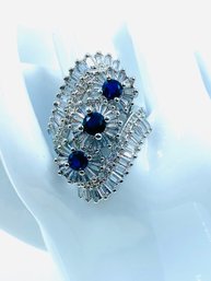 Stamped 925 Size 7 Ring W/ Created Sapphire Trio & C.Z. Stones