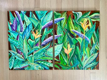 Diptych Of Tropical Purple Flowering Plants, Signed