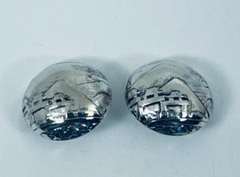 SIGNED WHITING AND DAVIS SILVER TONE ASIAN MOTIF DOME CLIP-ON EARRINGS