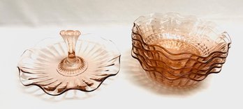 Vintage Pink Depression Glass W/ Ribboned Edge