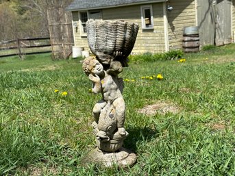 Vintage Cast Cement Garden Statuary: Cherub On Koi With Basket, Fountain