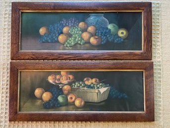 Antique Pair Oak Framed Litho Fruit Pictures 34x14 Nearly Identical Size