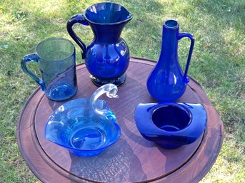 Lot Of 5 Pieces Of Hand Blown Blue Glass