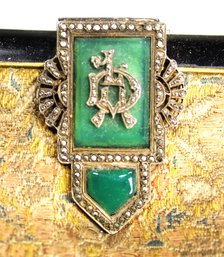 Antique French Art Deco Silver Purse Enamel Green Onyx Marcasite Silver Clasp Clutch