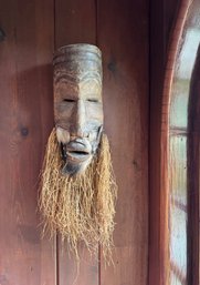 African Painted & Carved Wood & Raffia Mask