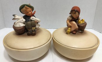 Two Lidded Hummel Bowls - Playmates And Chick Girl