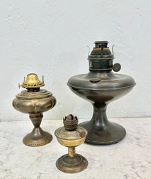 Set Of 3, Vintage Metal, Nickel Plated Oil Lamps