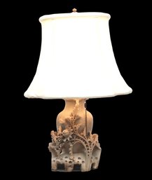 Chinese Soapstone Vase Lamp Adorned With Chrysanthemums And Ladder Vines On Metal Pierced Base