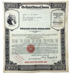 1943 Twenty-Five Dollar ($25) United States War Savings Bond (Series E)