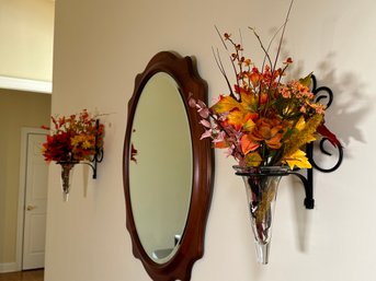 Pair Of Glass & Metal Wall Sconces With Faux Flowers