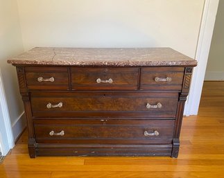 Antique Marble Top 5 Drawer Dresser W/ Depression Glass Handles