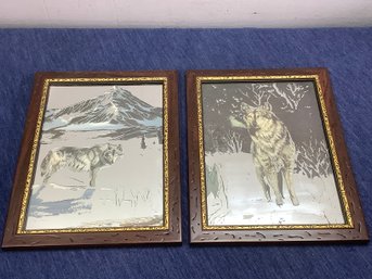 Pair Of Mirrored Framed Wolf Art